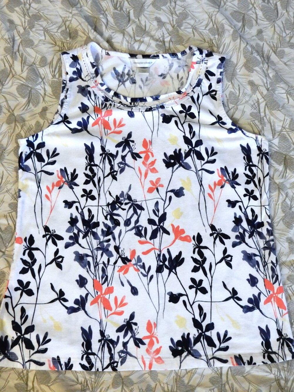 Christopher and Banks women's tank L coral blue floral white braid detail